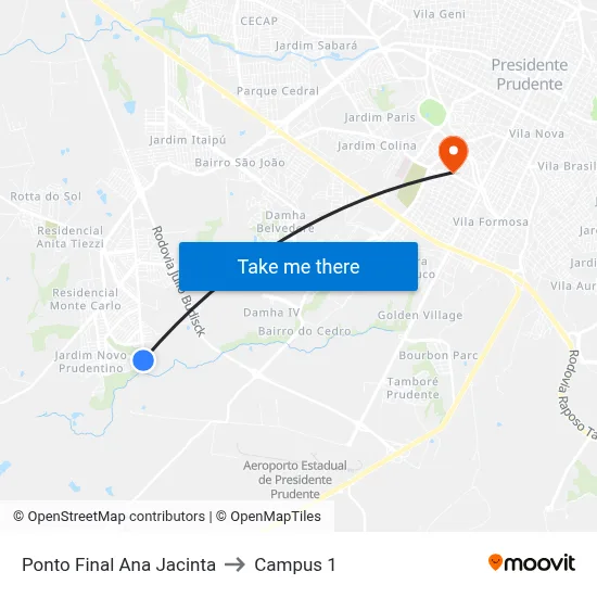 Ponto Final Ana Jacinta to Campus 1 map