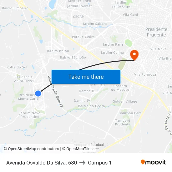 Avenida Osvaldo Da Silva, 680 to Campus 1 map
