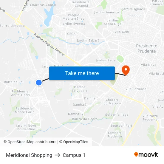 Meridional Shopping to Campus 1 map