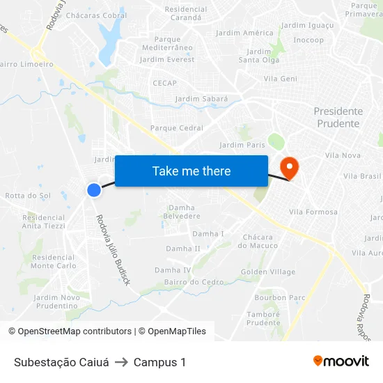 Subestação Caiuá to Campus 1 map
