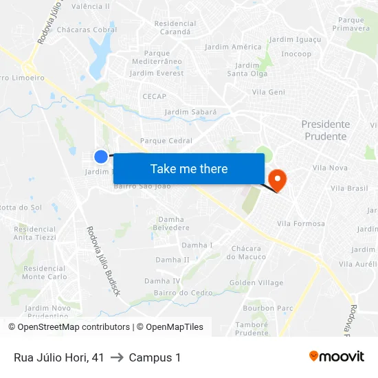 Rua Júlio Hori, 41 to Campus 1 map