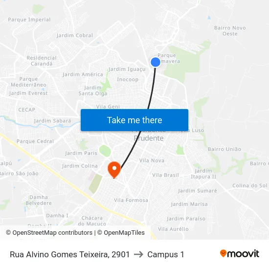 Rua Alvino Gomes Teixeira, 2901 to Campus 1 map