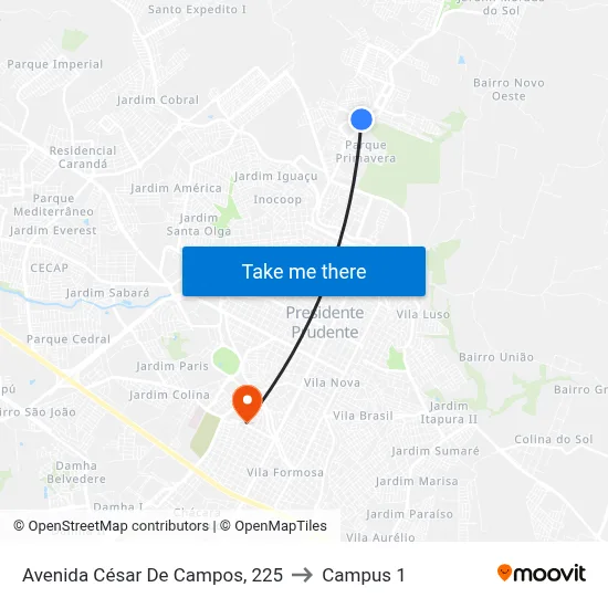 Avenida César De Campos, 225 to Campus 1 map