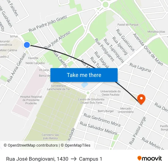 Rua José Bongiovani, 1430 to Campus 1 map
