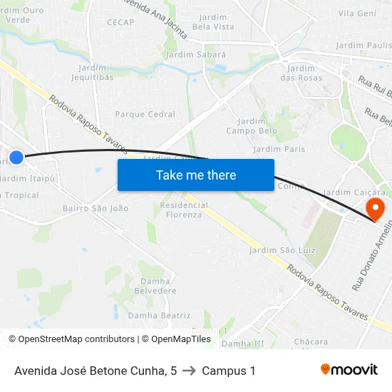 Avenida José Betone Cunha, 5 to Campus 1 map