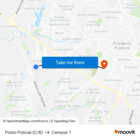 Posto Policial (C/B) to Campus 1 map