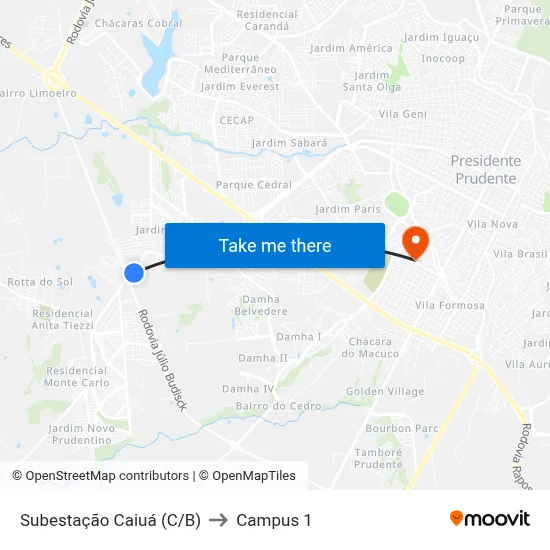 Subestação Caiuá (C/B) to Campus 1 map