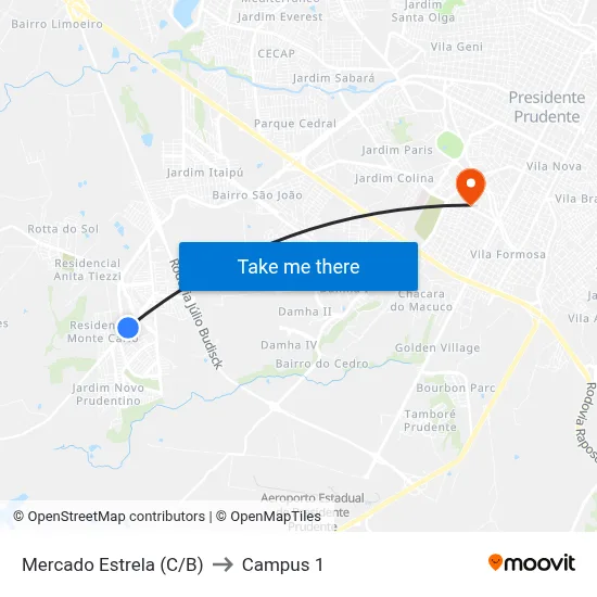 Mercado Estrela (C/B) to Campus 1 map