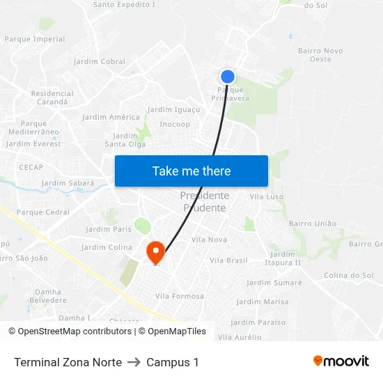 Terminal Zona Norte to Campus 1 map