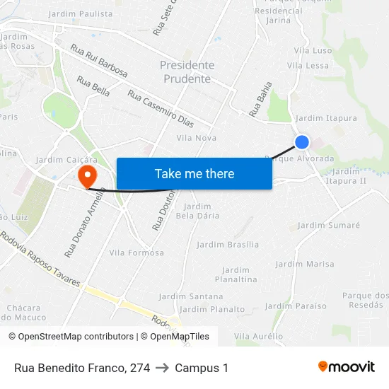 Rua Benedito Franco, 274 to Campus 1 map