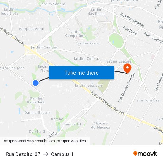 Rua Dezoito, 37 to Campus 1 map