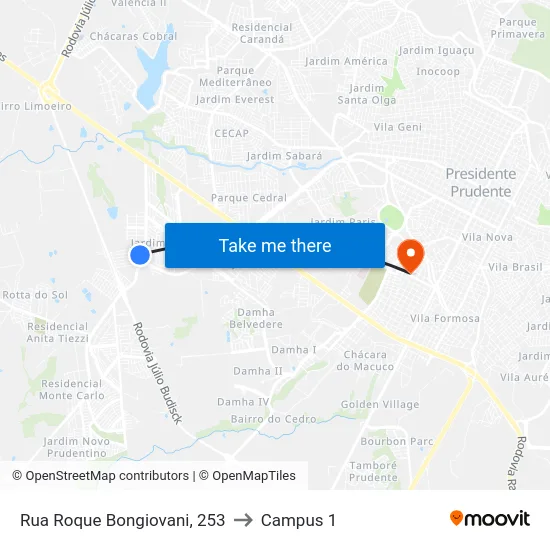 Rua Roque Bongiovani, 253 to Campus 1 map