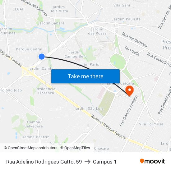 Rua Adelino Rodrigues Gatto, 59 to Campus 1 map