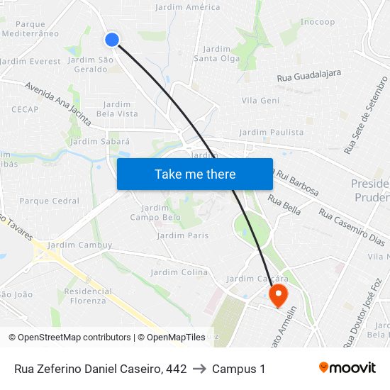 Rua Zeferino Daniel Caseiro, 442 to Campus 1 map