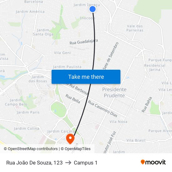 Rua João De Souza, 123 to Campus 1 map