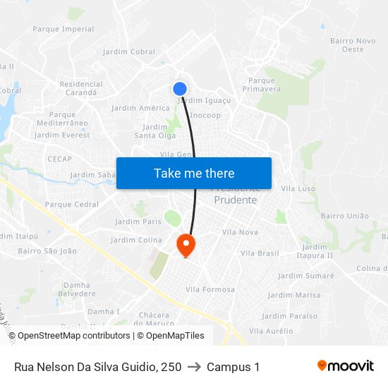 Rua Nelson Da Silva Guidio, 250 to Campus 1 map