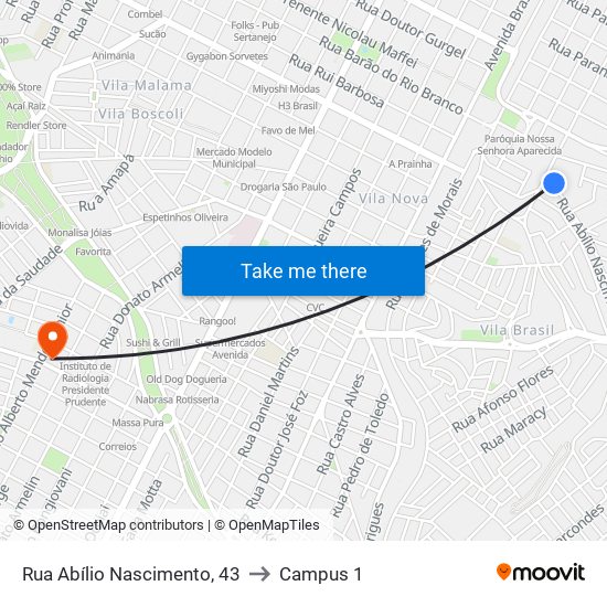 Rua Abílio Nascimento, 43 to Campus 1 map