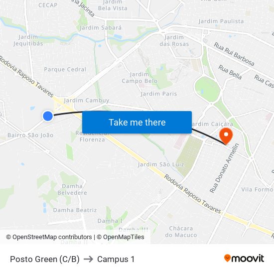 Posto Green (C/B) to Campus 1 map