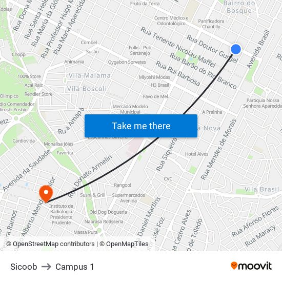 Sicoob to Campus 1 map