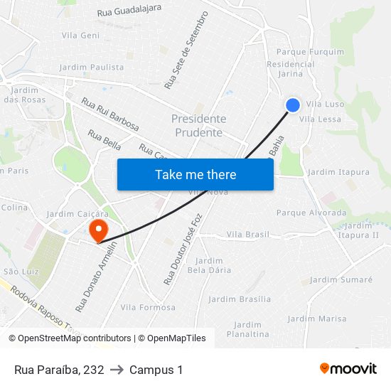 Rua Paraíba, 232 to Campus 1 map