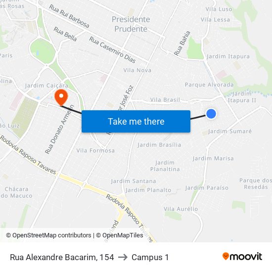 Rua Alexandre Bacarim, 154 to Campus 1 map