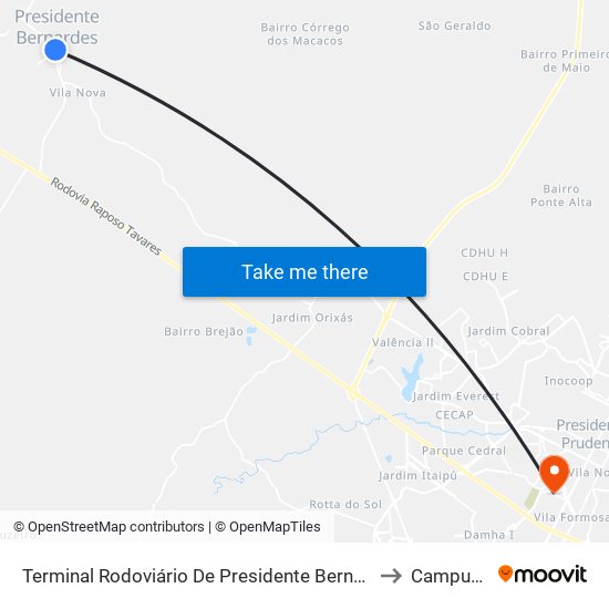 Terminal Rodoviário De Presidente Bernardes to Campus 1 map