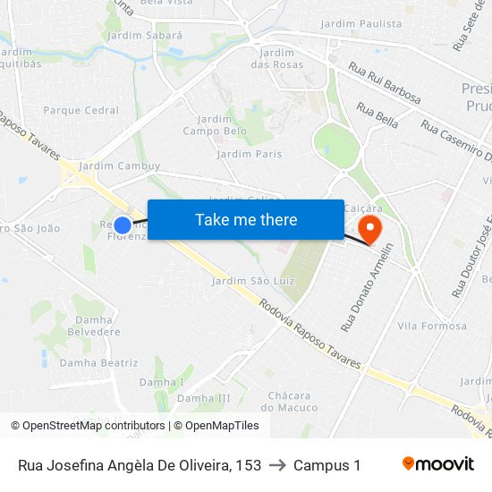 Rua Josefina Angèla De Oliveira, 153 to Campus 1 map