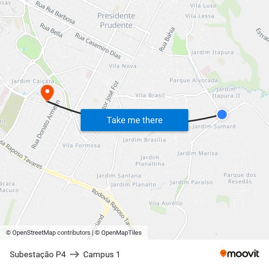 Subestação P4 to Campus 1 map