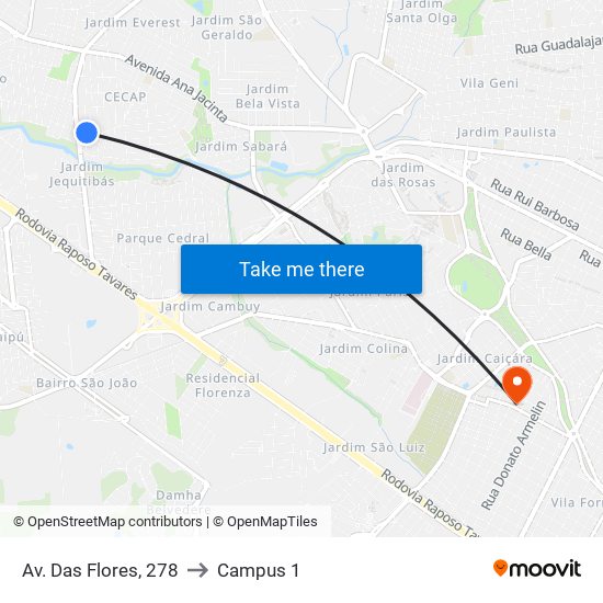 Av. Das Flores, 278 to Campus 1 map