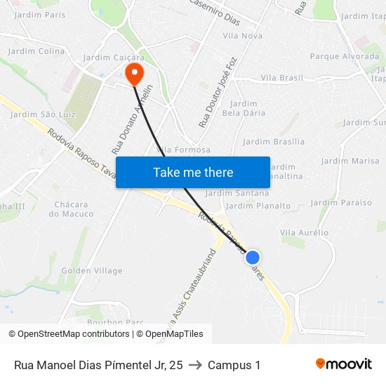 Rua Manoel Dias Pímentel Jr, 25 to Campus 1 map