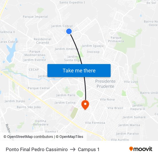 Ponto Final Pedro Cassimiro to Campus 1 map