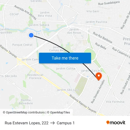 Rua Estevam Lopes, 222 to Campus 1 map