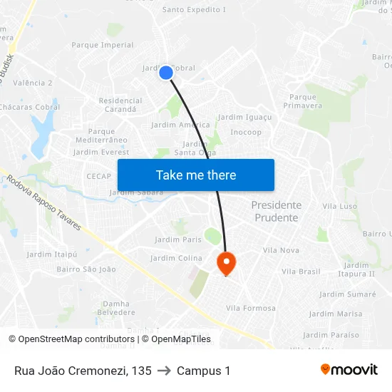 Rua João Cremonezi, 135 to Campus 1 map