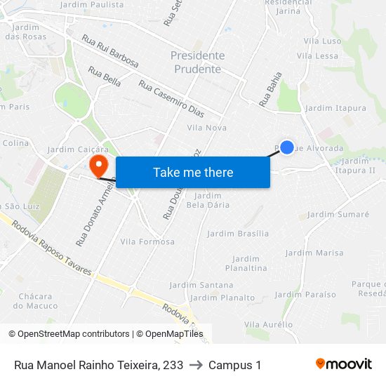 Rua Manoel Rainho Teixeira, 233 to Campus 1 map