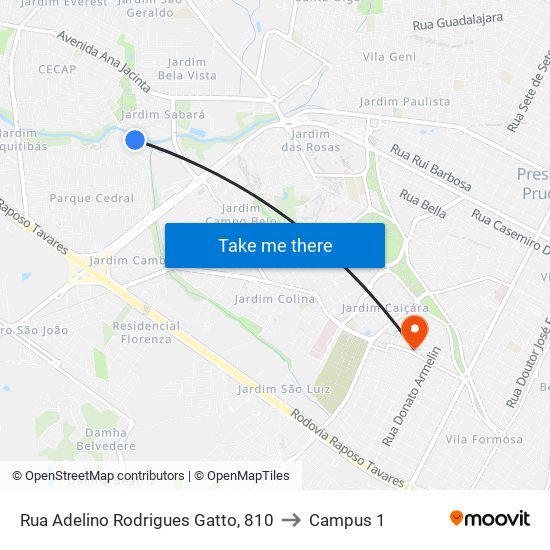 Rua Adelino Rodrigues Gatto, 810 to Campus 1 map