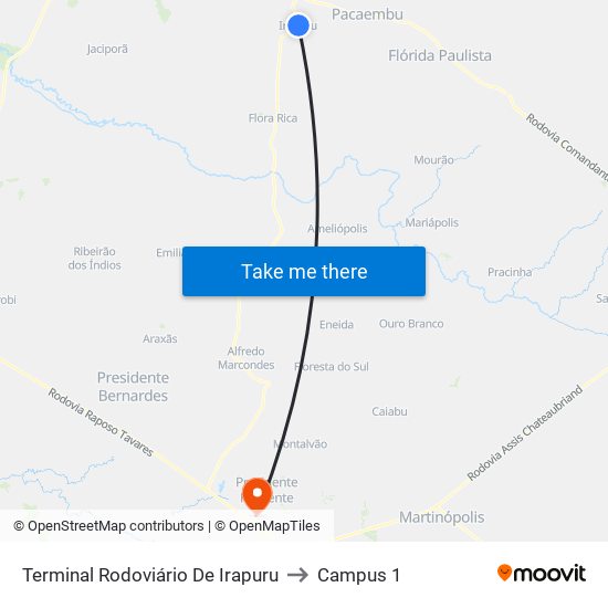 Terminal Rodoviário De Irapuru to Campus 1 map