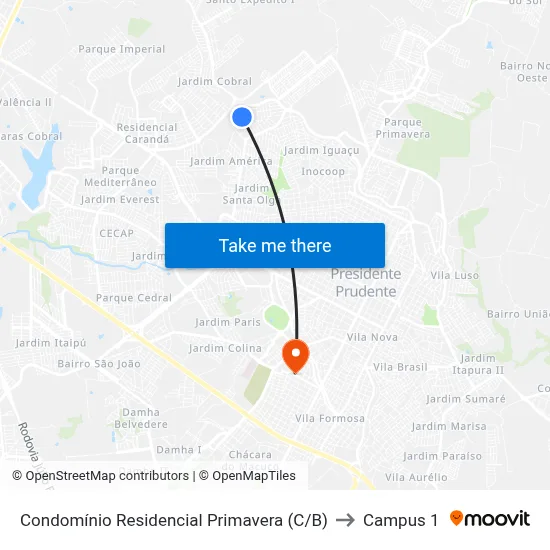 Condomínio Residencial Primavera (C/B) to Campus 1 map