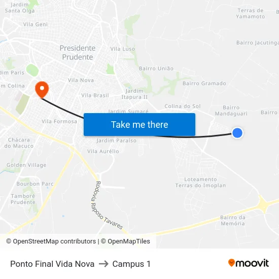 Ponto Final Vida Nova to Campus 1 map