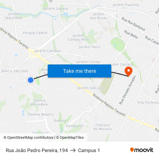 Rua João Pedro Pereira, 194 to Campus 1 map