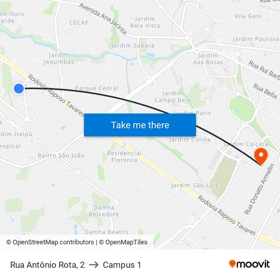 Rua Antônio Rota, 2 to Campus 1 map