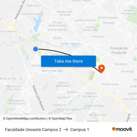 Faculdade Unoeste Campos 2 to Campus 1 map