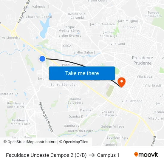 Faculdade Unoeste Campos 2 (C/B) to Campus 1 map