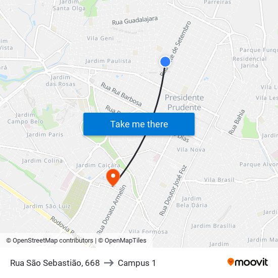 Rua São Sebastião, 668 to Campus 1 map