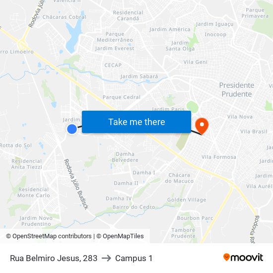 Rua Belmiro Jesus, 283 to Campus 1 map