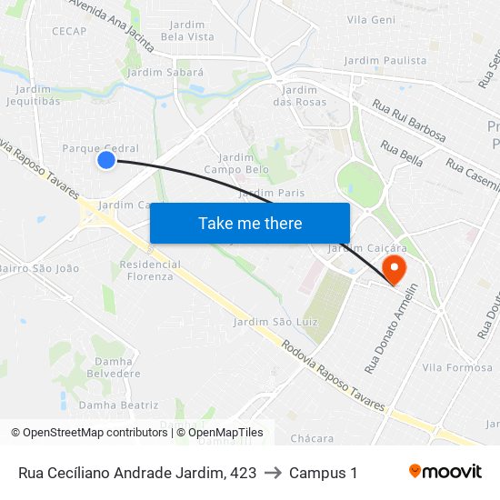 Rua Cecíliano Andrade Jardim, 423 to Campus 1 map