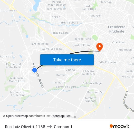 Rua Luiz Olivetti, 1188 to Campus 1 map