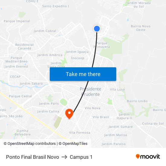 Ponto Final Brasil Novo to Campus 1 map