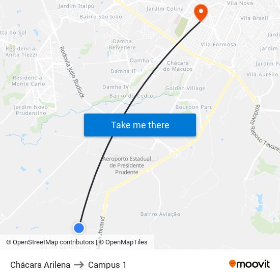 Chácara Arilena to Campus 1 map