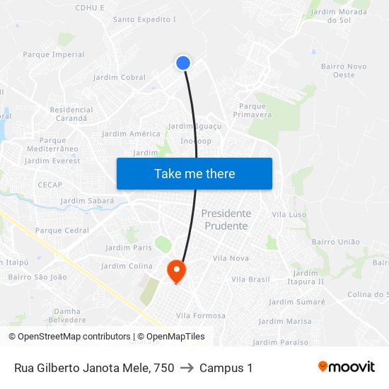 Rua Gilberto Janota Mele, 750 to Campus 1 map