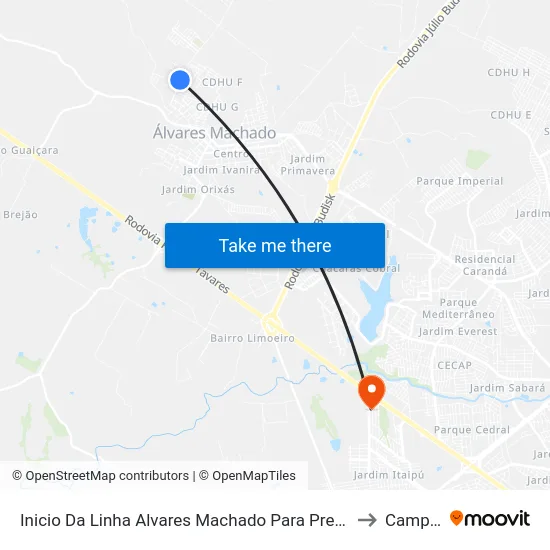 Inicio Da Linha Alvares Machado Para Presidente Prudente to Campus  II map